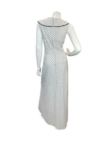 VTG 60s 70s WHITE BLACK POLKA DOT RUFFLE V-NECK MAXI DRESS 10