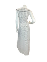 VTG 60s 70s WHITE BLACK POLKA DOT RUFFLE V-NECK MAXI DRESS 10