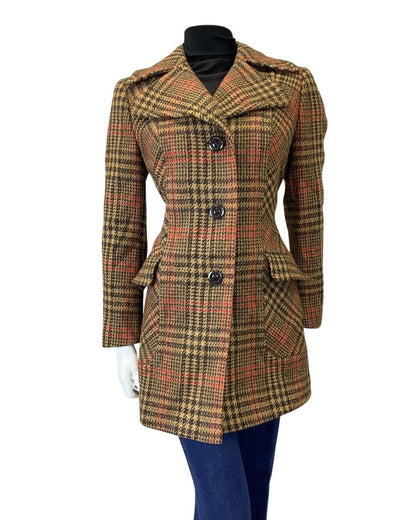 VINTAGE 60s 70s BROWN CREAM ORANGE GLEN PLAID CHECKED MOD WOOL COAT 10 12