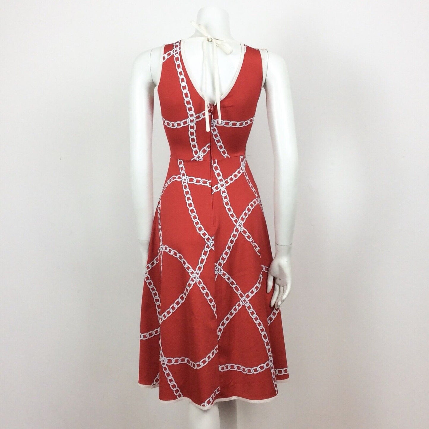 60S 70s VINTAGE RED WHITE CHAIN PATTERN FLOATY DRESS 4 6