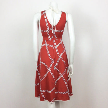 60S 70s VINTAGE RED WHITE CHAIN PATTERN FLOATY DRESS 4 6