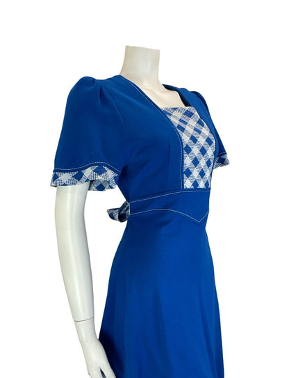 VTG 60S BRIGHT BLUE CHECKED SHORT SLEEVE TIE WAIST BOW MINI DRESS SIZE 12