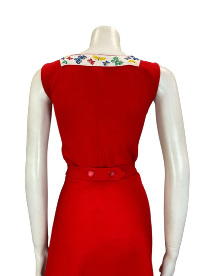 VTG 60S BUTTERFLY PAISLEY RED SLEEVELESS MINI DRESS WITH BELT SIZE 10 12