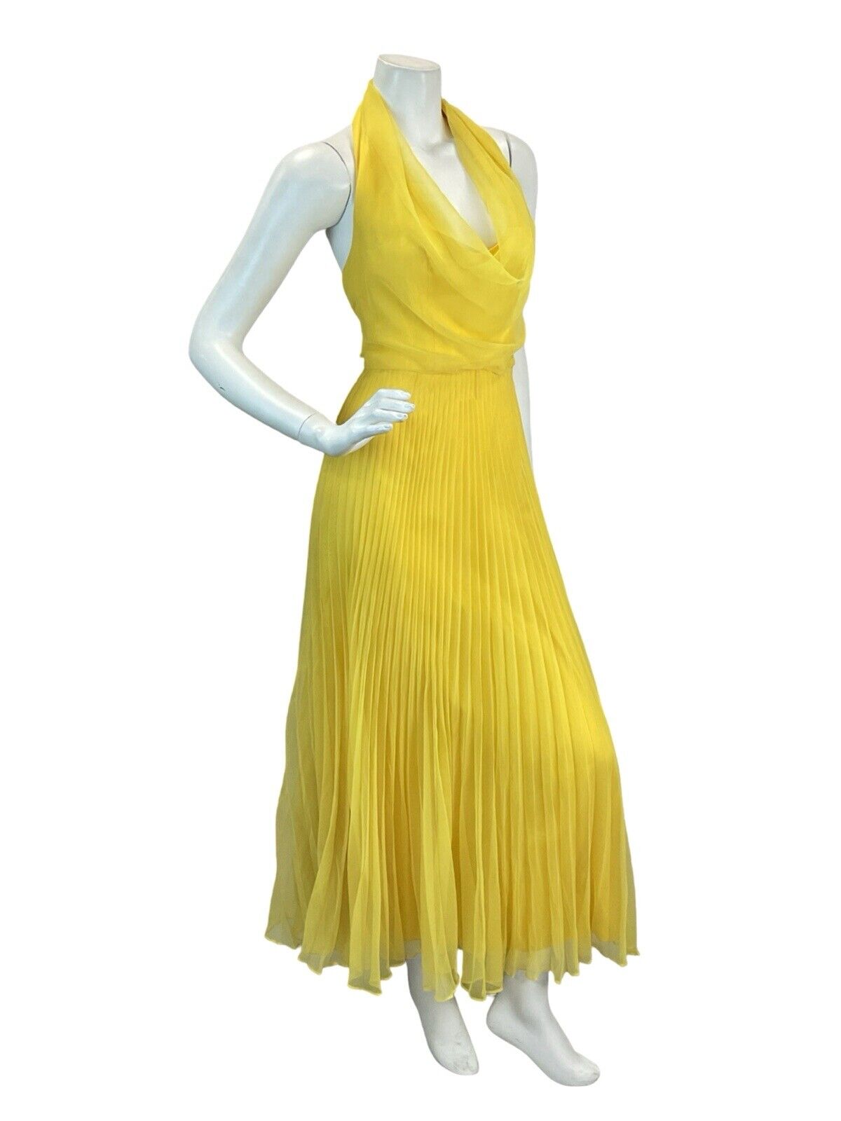 VTG 70s SUNSHINE YELLOW HALTERNECK LOW BACK PLEATED DISCO MIDAXI DRESS 8