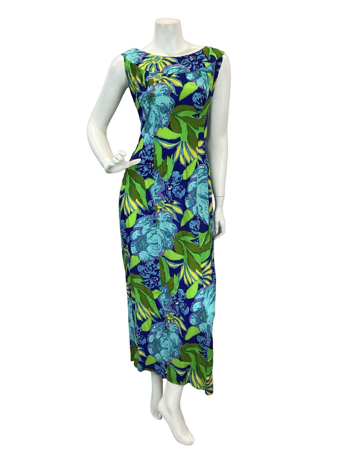 VTG 60s 70S  BLUE GREEN HAWAIIAN TROPICAL LEAF PRINT  SCOOP BACK MAXI DRESS 10