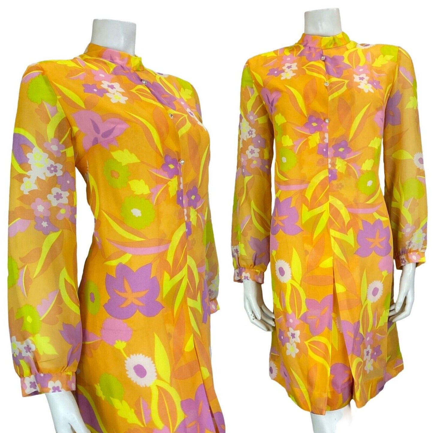 VTG 60S 70S FLORAL PSYCHEDELIC MANDARIN COLLAR ORANGE PINK YELLOW SHIFT DRESS 14