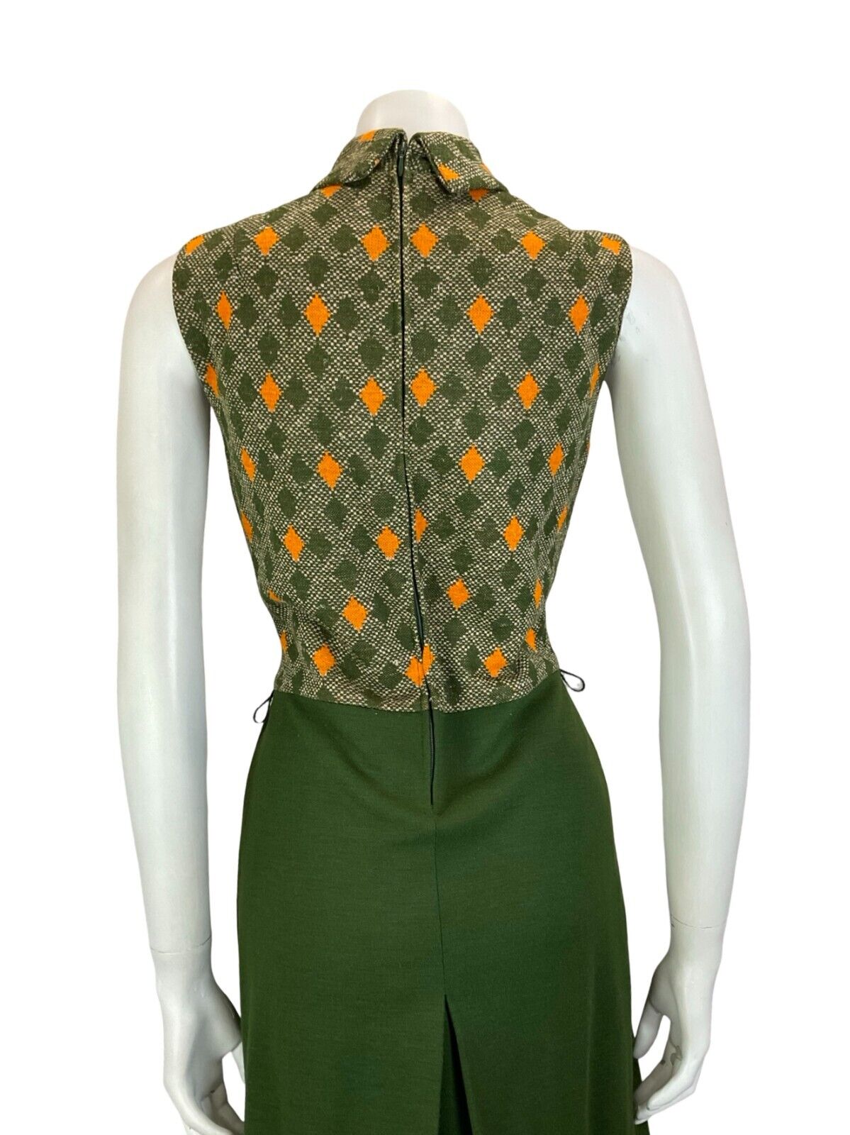 VTG 60S 70S DARK GREEN ORANGE DIAMOND CHECKED SLEEVELESS MIDI DRESS SIZE S 8 10