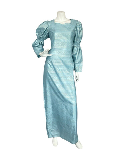 VTG 60S 70S BLUE GEOMETRIC IRIDESCENT JULIET SLEEVE PARTY MAXI DRESS M 12 14