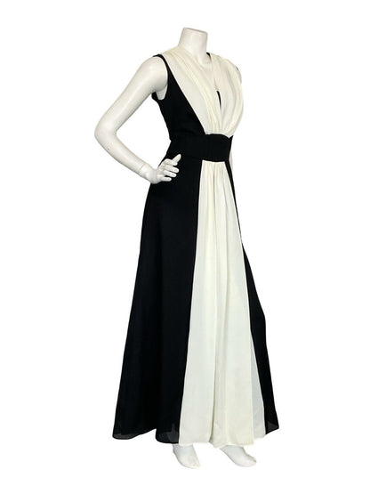 VTG 60S BLACK WHITE FLOATY RUCHED GRECO ROMAN EVENING MAXI DRESS M 12 14