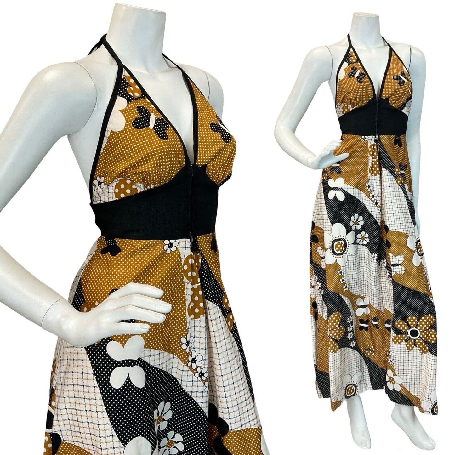 VTG 60S 70S BROWN BEIGE BLAC RETRO FLORAL PATTERN HALTERNECK MAXI DRESS 4 6