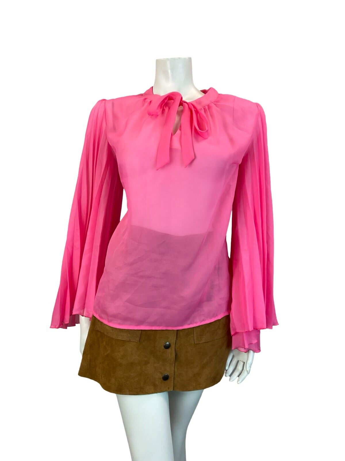 VTG HOT PINK MESH TIE KEYHOLE NECKLINE PLEATED BELL SLEEVE BLOUSE SIZE 14 16