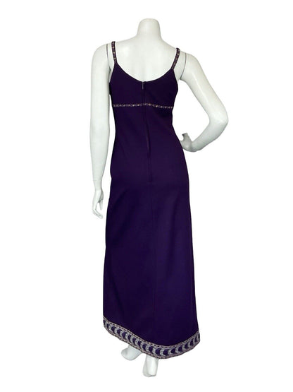 VTG 70S PURPLE GOLD SILVER CRESCENT MOON TRIM STRAP EVENING PARTY MAXI DRESS 6 8