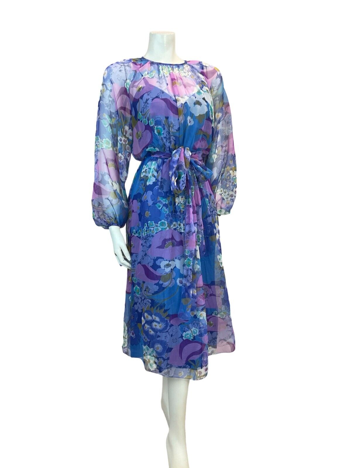 VTG 70S FLOATY SHEER CHIFFON FLORAL MIDI DRESS BLUE PURPLE WHITE 10 12