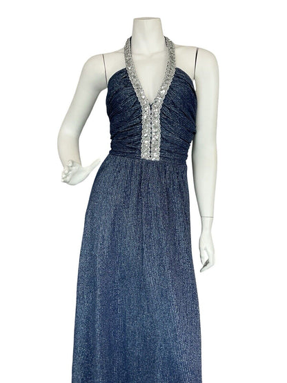 VTG 70S STUDIO 54  BLUE SILVER SEQUIN TRIM STRIPED HALTER NECK MAXI DRESS 8 10 S