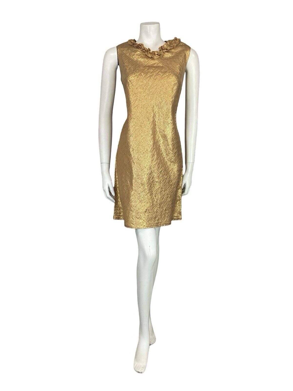 VTG 60S MOD GOLD ZIG ZAG RUFFLE NECK SLEEVELESS MINI SHIFT PARTY DRESS 10