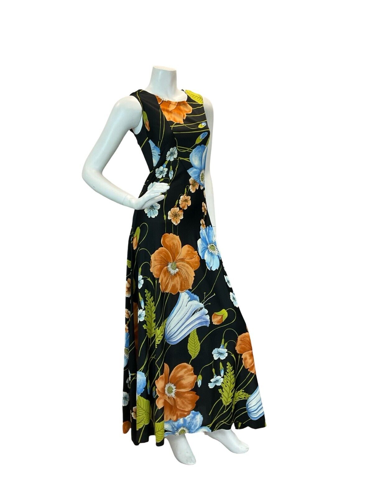 VTG 70S GLAM FLORAL SHIFT MAXI DRESS BLACK ORANGE BLUE GREEN 6