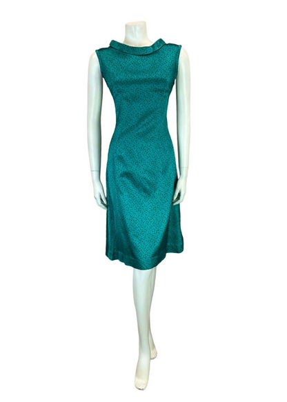 VTG 60S TEAL BLUE BLACK DOTTY SHINY TIE NECK SLEEVELESS OCCASION DRESS 12