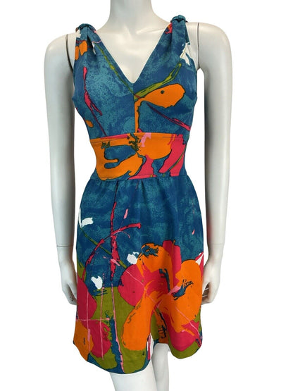 VTG 70S ABSTRACT FLORAL BRIGHT MINI SUMMER SUN DRESS 8 10