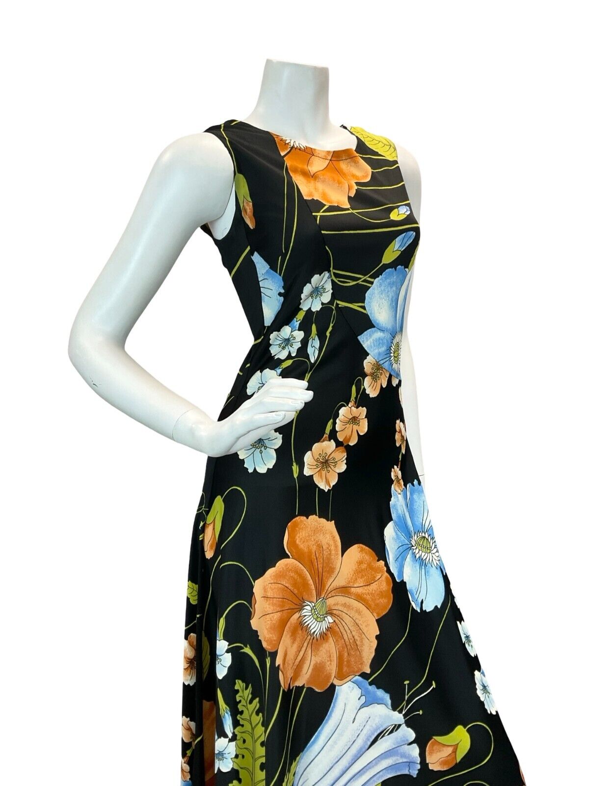 VTG 70S GLAM FLORAL SHIFT MAXI DRESS BLACK ORANGE BLUE GREEN 6