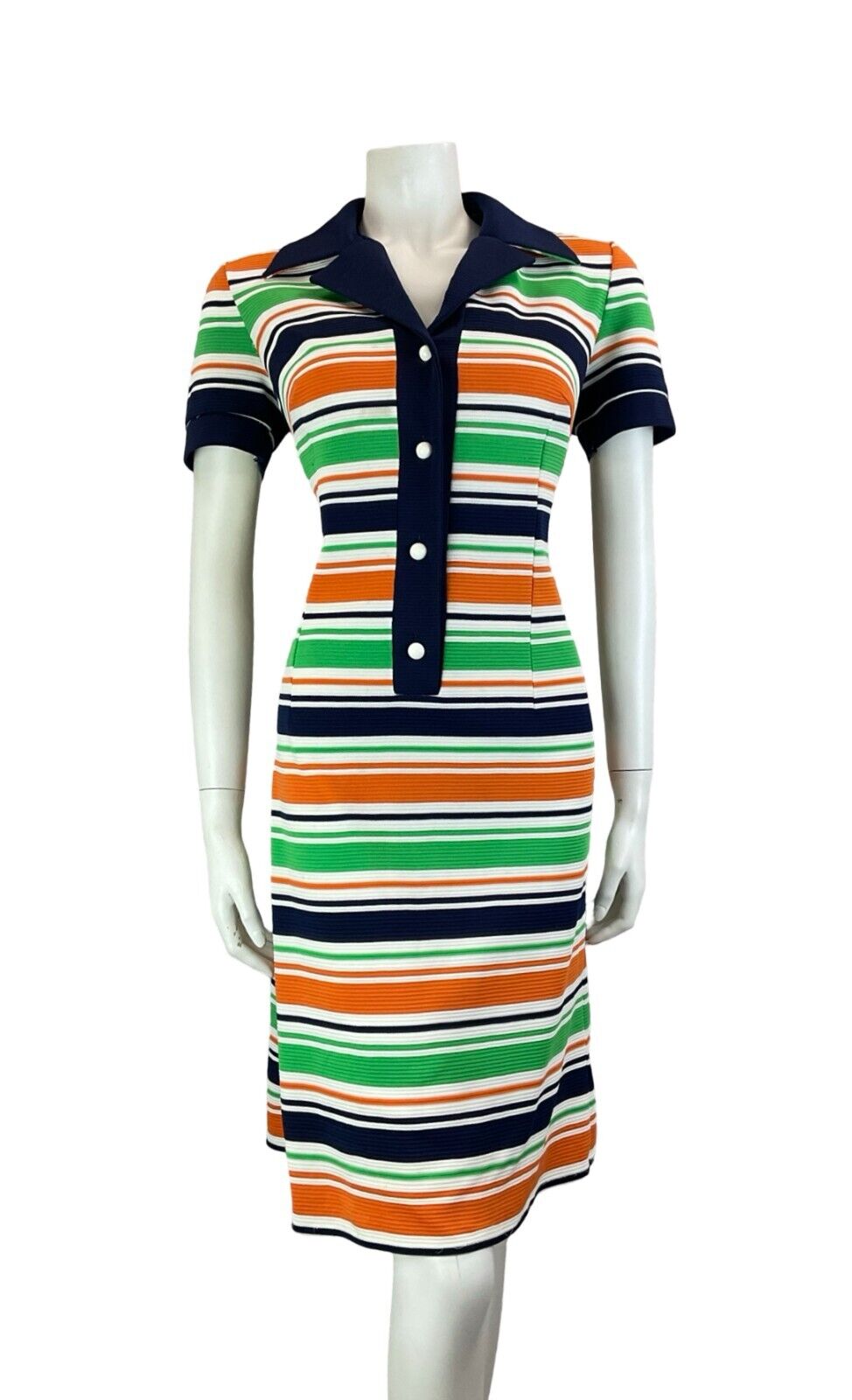 VTG 60S 70S STRIPED NAVY BLUE WHITE ORANGE GREEN JOHHNY COLLAR SHIRT DRESS 14 16