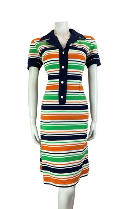 VTG 60S 70S STRIPED NAVY BLUE WHITE ORANGE GREEN JOHHNY COLLAR SHIRT DRESS 14 16