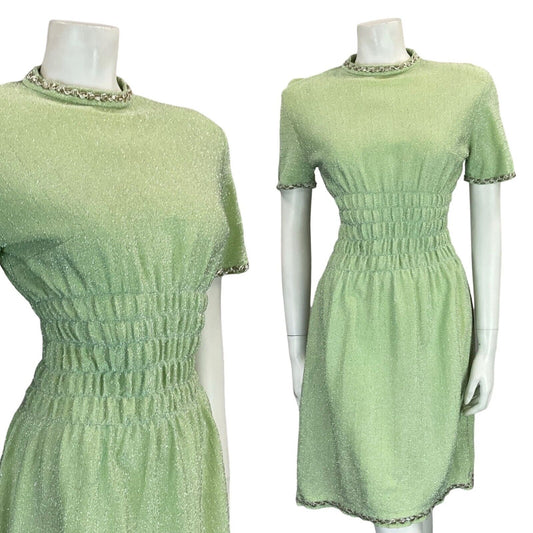 VTG 60S PASTEL GREEN SILVER TRIM T SHIRT MINI DRESS WITH ELASTICATED WAIST 6 8