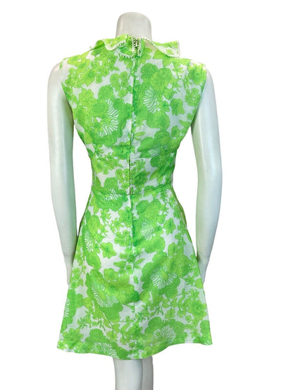 VTG 60S 70S FLORAL WRAP RUFFLE MOD MINI DRESS GREEN WHITE 10