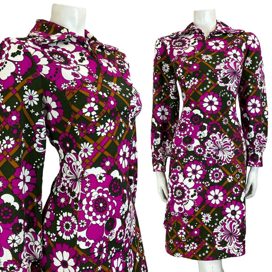 VTG 70S OPEN COLLAR BISHOP SLEEVE FLOWER POWER PINK PURPLE BROWN MIDI DRESS 10