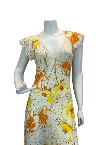 VTG 70S CREAM ORANGE YELLOW FLORAL SUMMER SUN SHEER MAXI DRESS 8 10