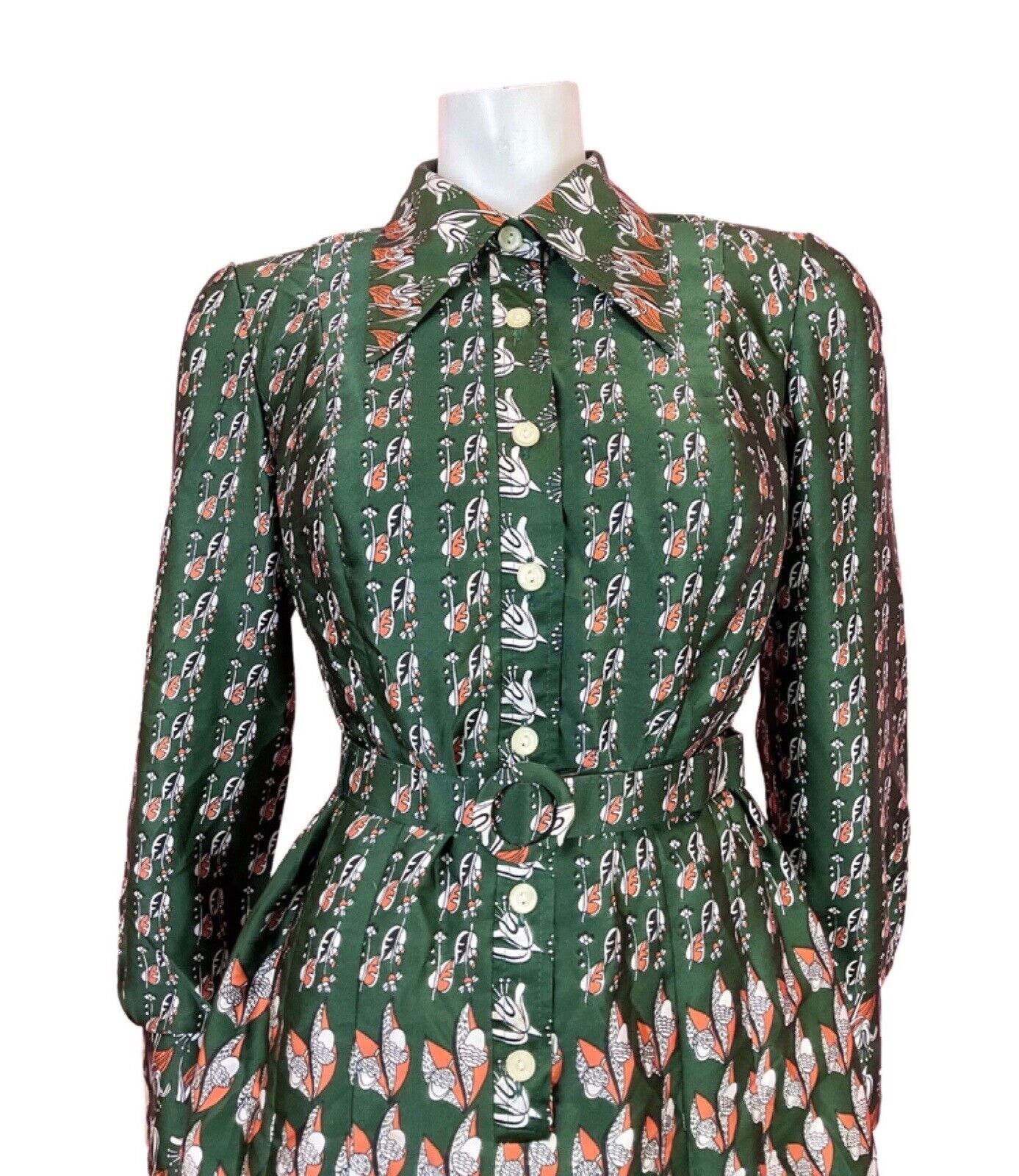 VINTAGE 60s 70s GREEN ORANGE WHITE FLORAL PSYCHEDELIC DAGGER SHIRT DRESS 14 16