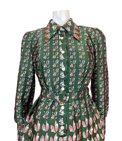 VINTAGE 60s 70s GREEN ORANGE WHITE FLORAL PSYCHEDELIC DAGGER SHIRT DRESS 14 16