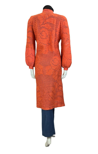 VTG 70S ORANGE HAND KNITTED FLORAL BOHO CARDIGAN TIE NECK BISHOP SLEEVE 10 12 14