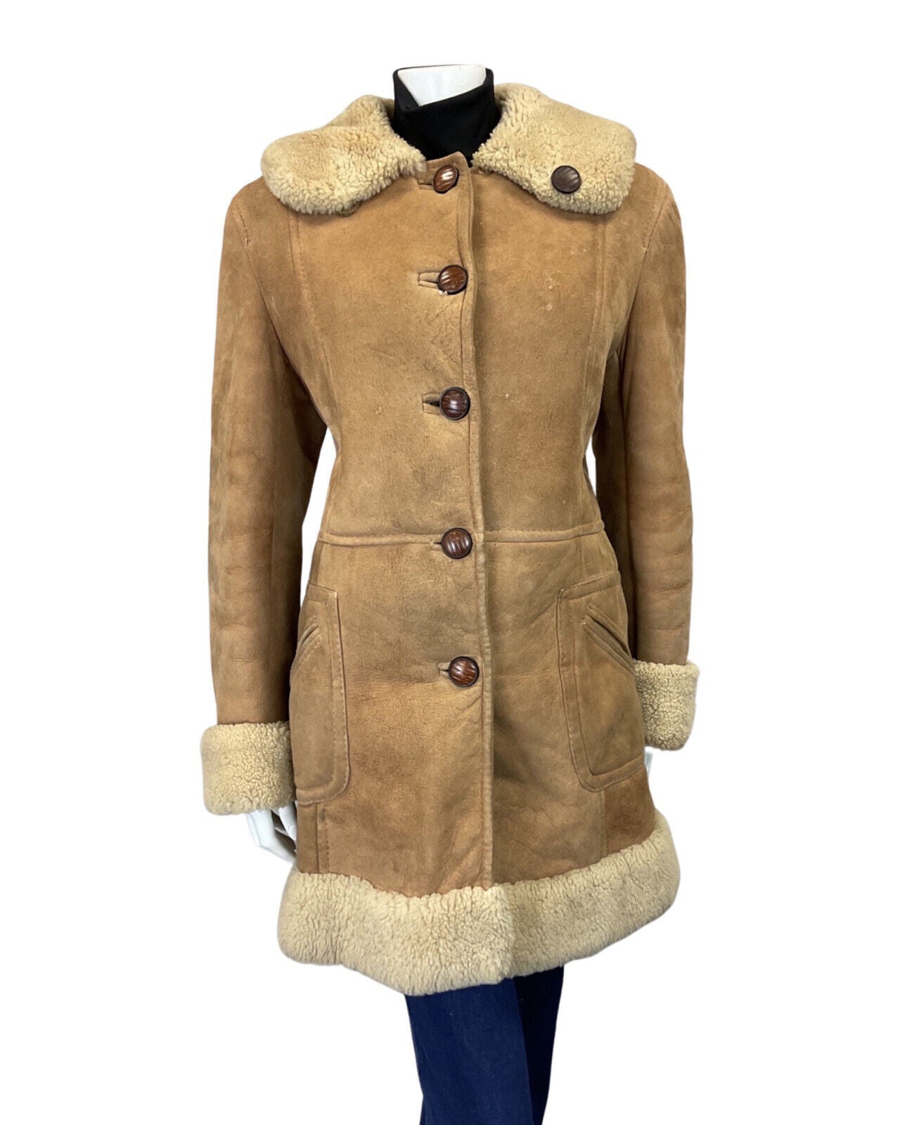 VINTAGE 60s 70s SAND BROWN CREAM SUEDE LEATHER BOHO MOD SHEARLING COAT 14 16