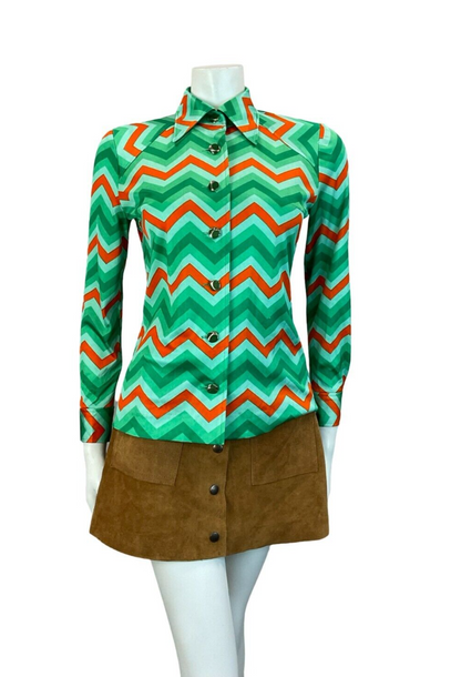 VTG 60S 70S GREEN RED ZIG ZAG GEOMETRIC WING COLLAR SHIRT SIZE 10