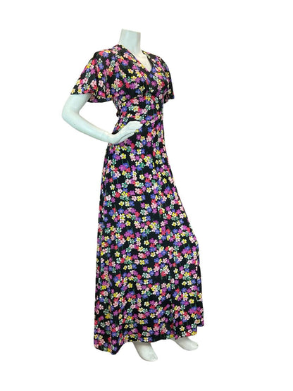 VTG 70S BUTTERFLY SLEEVE FLORAL MAXI DRESS BLACK PINK PURPLE GREEN YELLOW 8