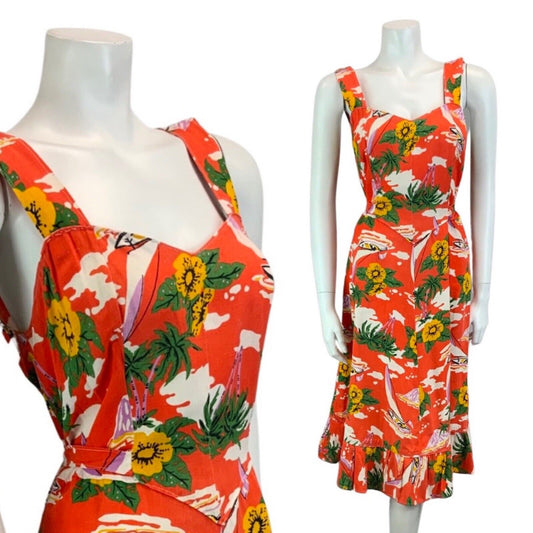 VINTAGE 60s 70s ORANGE YELLOW WHITE GREEN FLORAL PRINT FRILLY MIDI DRESS 12 14