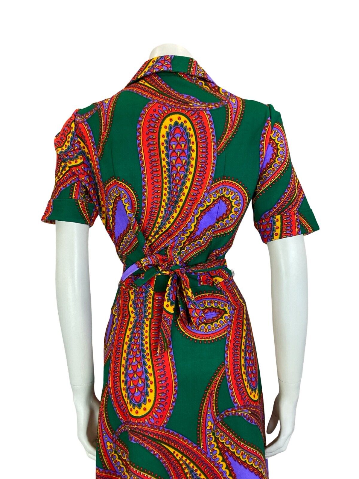 VTG 60S 70S BEAGLE COLLAR PSYCHEDELIC PAISLEY GREEN PURPLE RED SHIRT DRESS 12 14