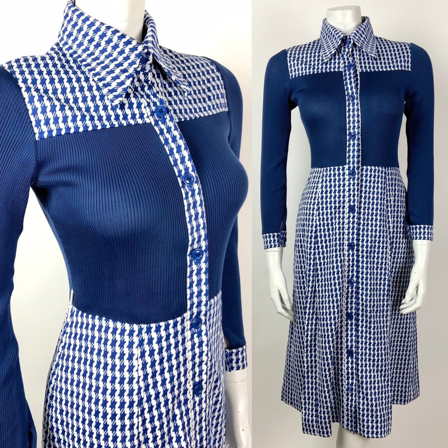 VINTAGE 60s 70s NAVY BLUE WHITE HOUNDSTOOTH DAGGER COLLAR SHIRT DRESS 8 10