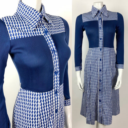 VINTAGE 60s 70s NAVY BLUE WHITE HOUNDSTOOTH DAGGER COLLAR SHIRT DRESS 8 10