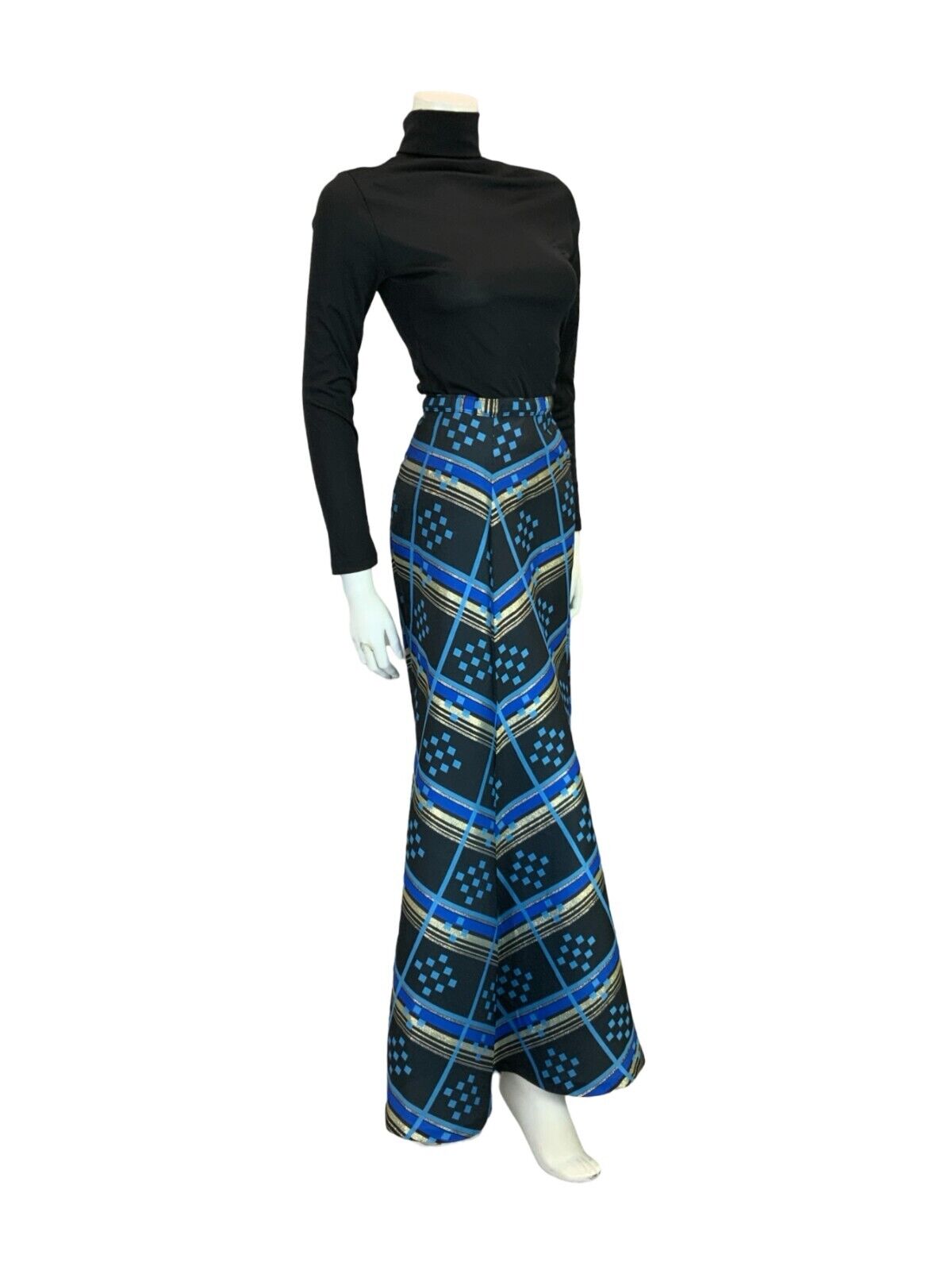 VTG 60S 70S BLACK BLUE GOLD GEOMETRIC CHECKED STRIPE A LINE MAXI SKIRT 6