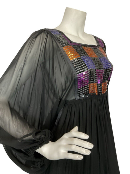 VTG 70S DISCO MESH BLACK PURPLE ORANGE SEQUIN BATWING FLOATY PARTY DRESS 6 8