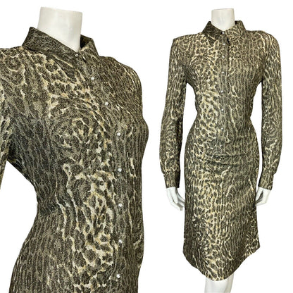 VTG 70S DISCO PARTY LUREX GOLD LEOPARD PRINT LONG SLEEVE MIDI SHIRT DRESS 12