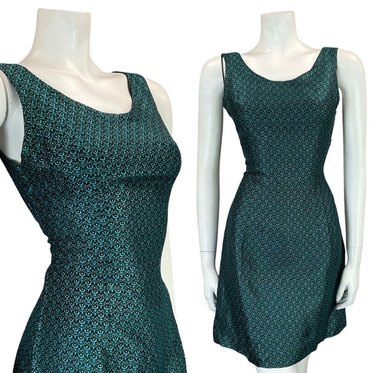 VTG 60S TEAL BLUE BLACK ART DECO BROADE EVENING PARTY MINI DRESS SIZE 10