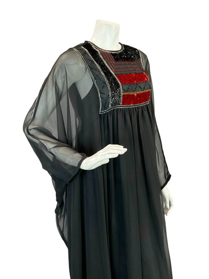 VTG 70S BLACK MESH FLOATY KAFTAN RED SEQUIN BEADED EMBELLISHED BIB MAXI DRESS 14