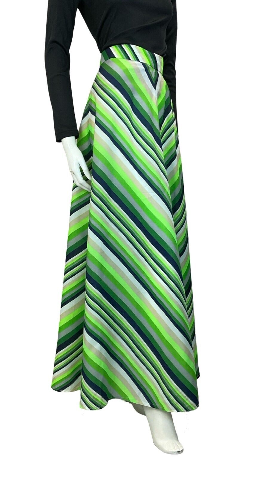 VTG 70S BRIGHT GREEN NAVY BLUE GREY STRIPED PATTERN MAXI SKIRT 12