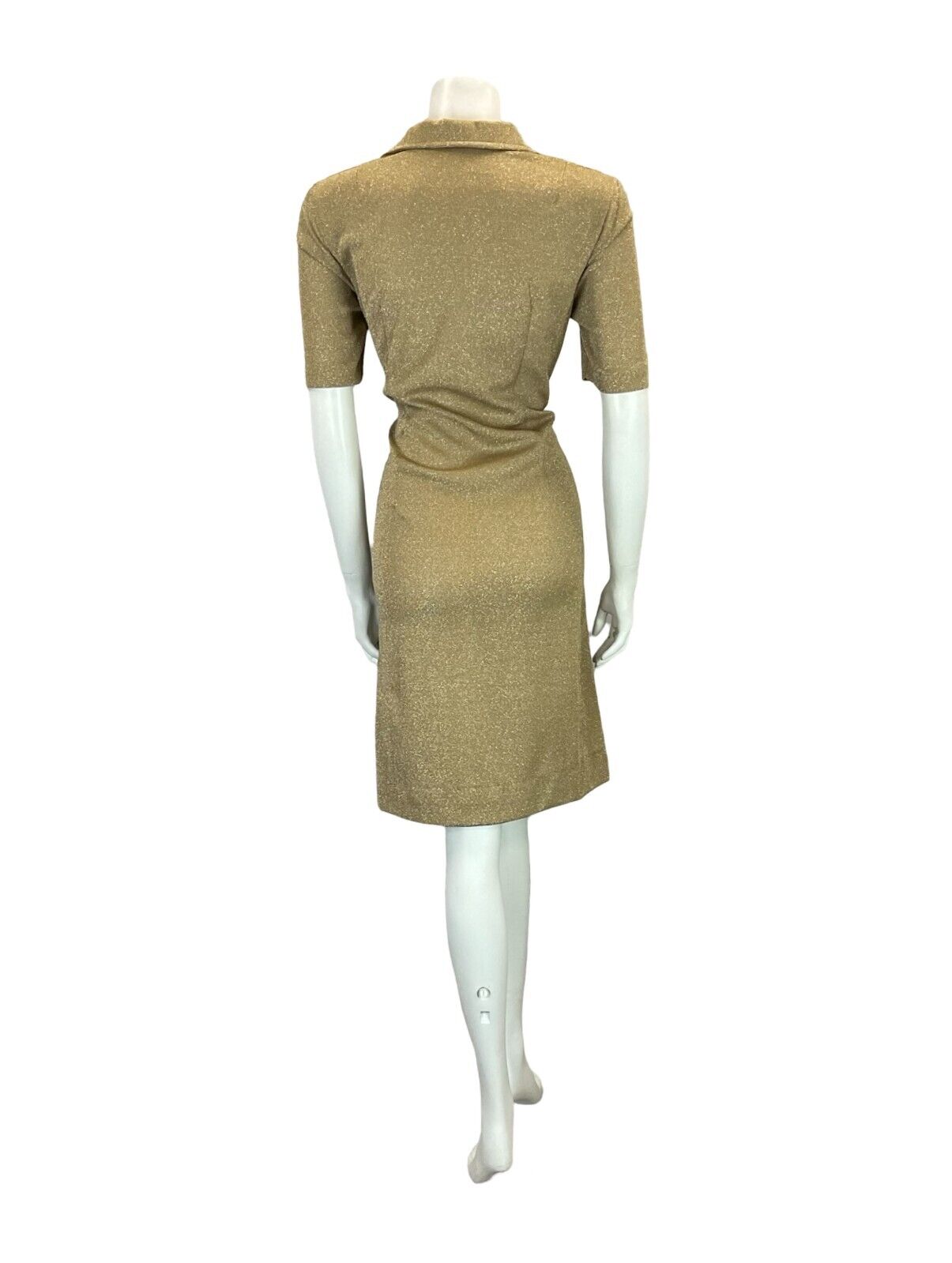 VTG 70S OPEN WING COLLAR GOLD LUREX PARTY SHORT SLEEVED SHIRT DRESS SIZE 12 14