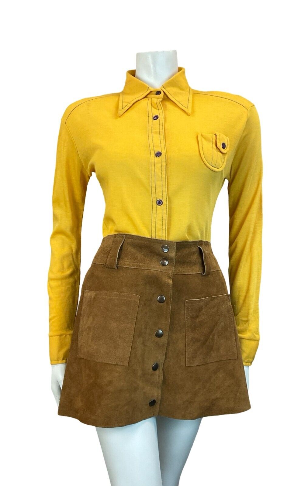 VTG 60S 70S YELLOW LONG SLEEVE SHIRT WITH DECORATIVE POCKET SIZE 8