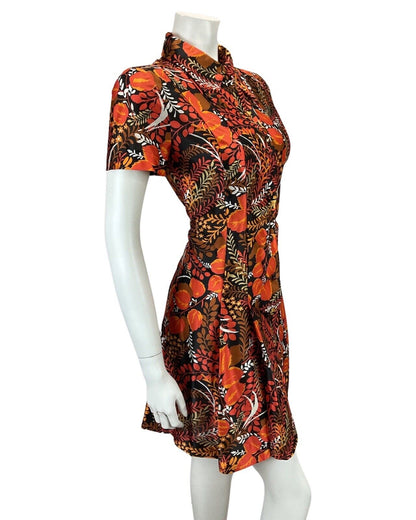 VINTAGE 60s 70s BLACK ORANGE RED FLORAL LEAF PRINT BOHO MOD MINI DRESS 12