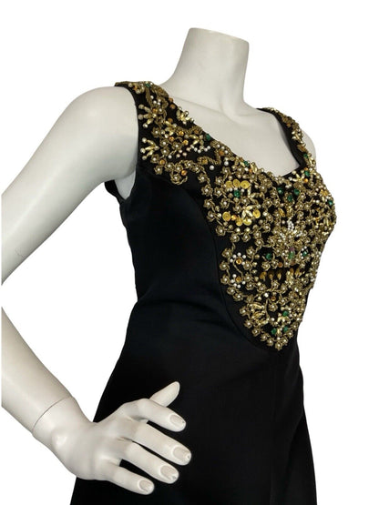 VTG 60S BLACK GOLD PEARL SEQUIN BEADED EMBELLISHED MAXI PARTY DRESS 10