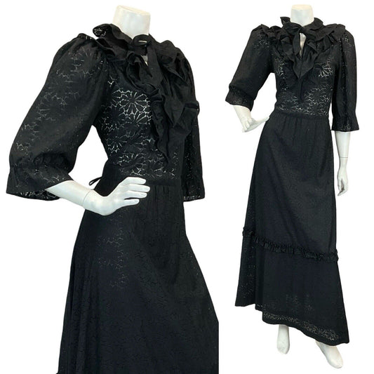 VTG 70S BLACK GOTHIC PRAIRIE LACE RUFFLE MAXI DRESS 8 10